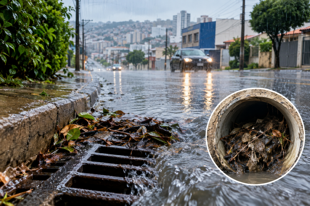 Alagamento urbano e drenagem obstruída