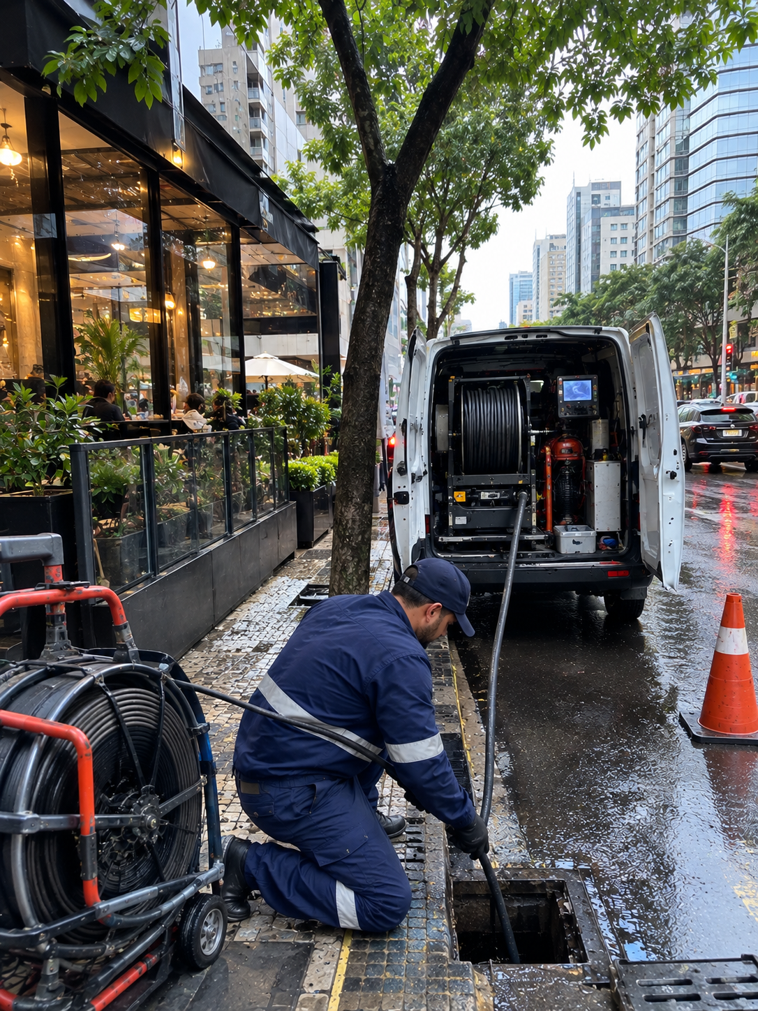 Técnico de desentupidora realizando atendimento na Savassi, em Belo Horizonte