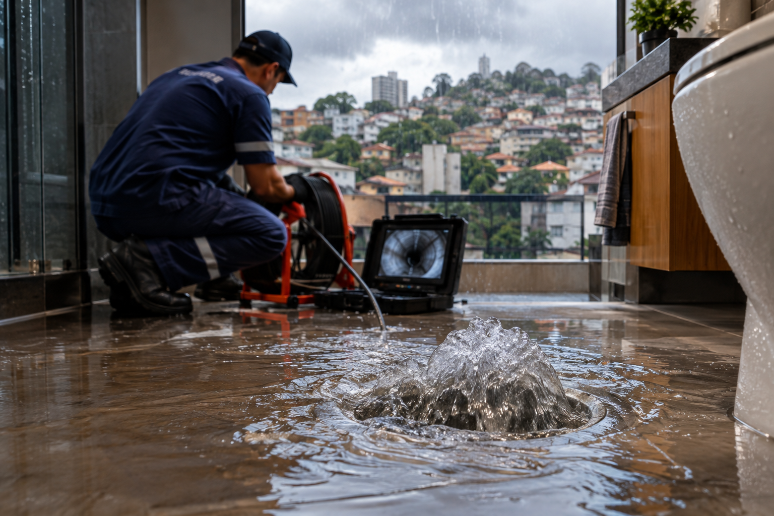 Técnico realizando inspeção de tubulação com refluxo de água em imóvel durante chuva forte.