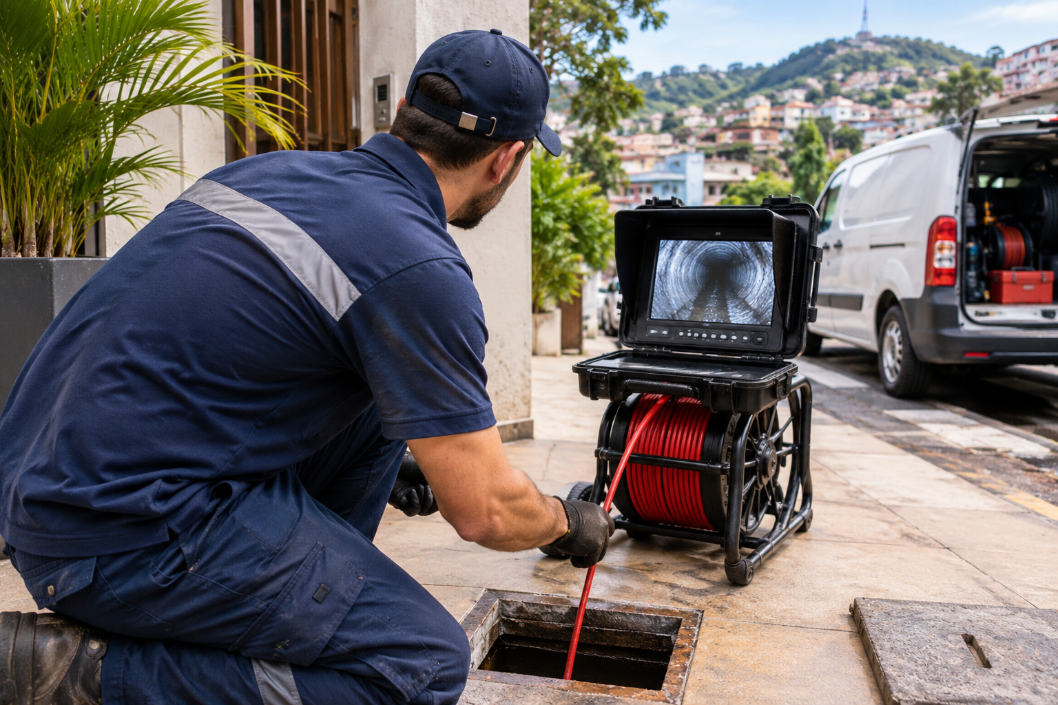 Inspeção de tubulação por desentupidora no Santa Tereza