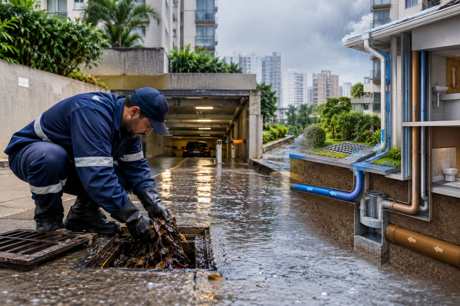 Desentupimento e prevenção de refluxo em garagens de condomínios no Anchieta, BH.