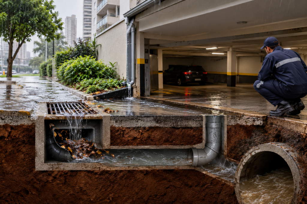Desentupimento de garagem em subsolo durante chuva no Anchieta