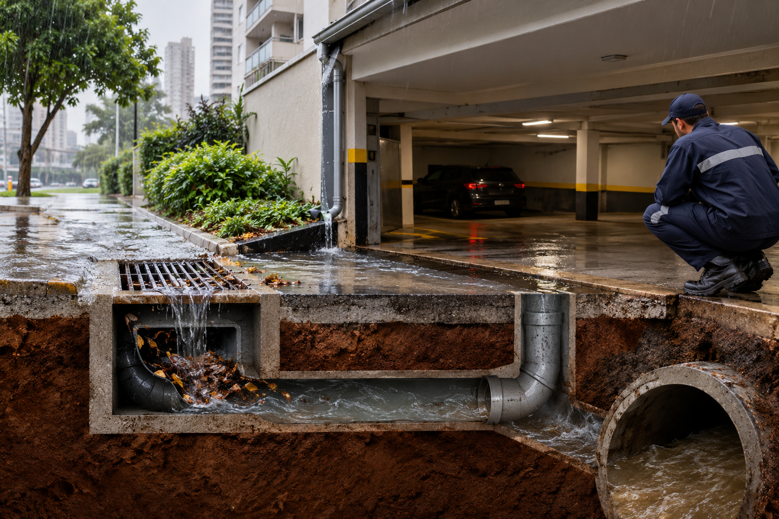 Desentupimento de garagem em subsolo durante chuva no Anchieta